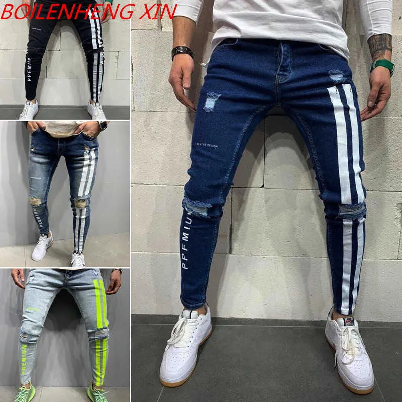 2021 Men's Skinny Ripped Jeans Slim-Fit Locomotive Pencil Pants Side Stripe Letter Printing Date Denim Costume Jogging Men X0621