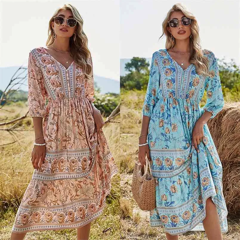 Sommar V-nacke High-Waist A-Line Beach Print Dress Pläterade Flared Sleeves Bohemian Midi Vestido Maxi es för kvinnor 210508