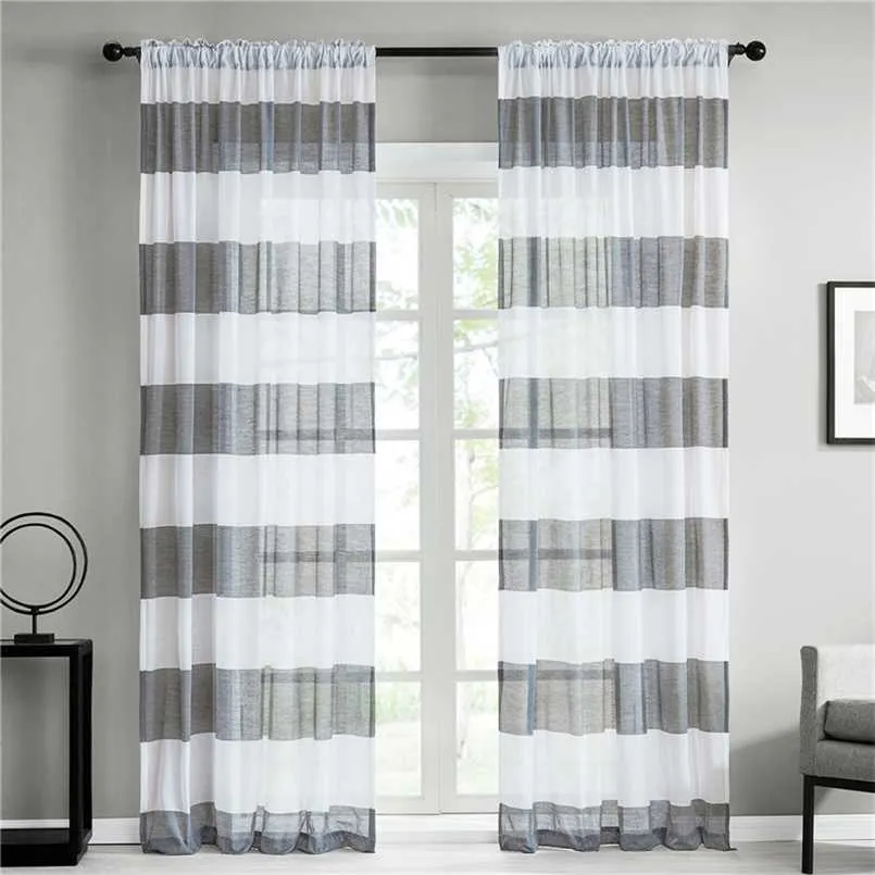 Light Gray Coffee Sheer Curtain for Living Room Bedroom Kitchen Home Decorative Striped Voile Semi Tulle on Windows Drapes 211203