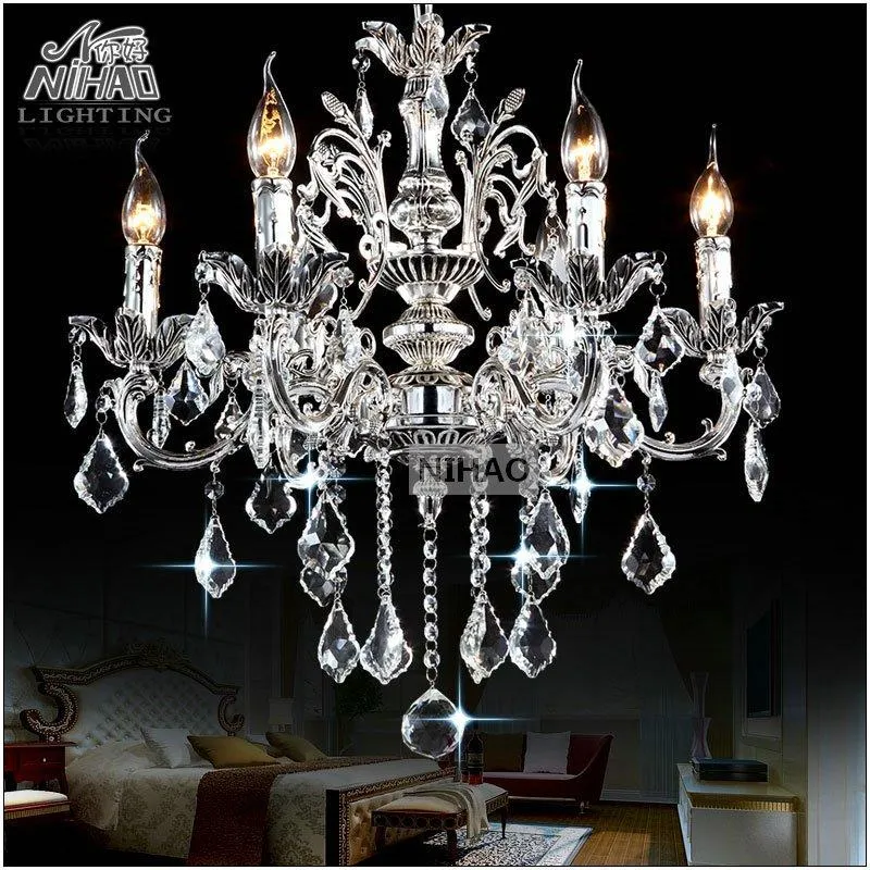 Lustres Classique 6 Bras Argent Cristal Clair Lustre Luminaire Lustre Lampe Suspendue Pour Foyer Hall MD8861 L6 D580mm H600mm