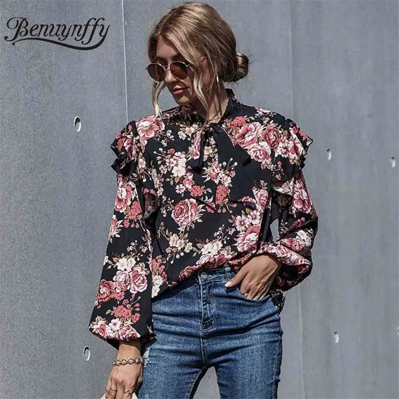 Floral Print Bow Tie Neck Wzburzyć Top Bluzka Kobiety Jesień Długi Latarnia Rękaw Office Ladies Workwear Eleganckie Bluzki 210510