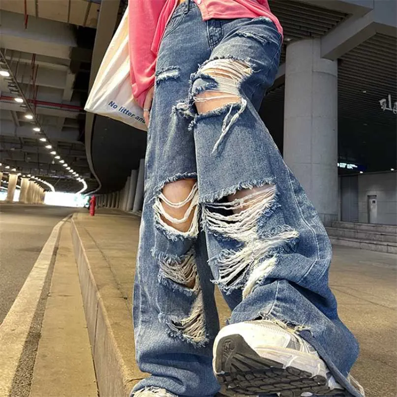 Streetwear Proste Spodnie Panie Ripped Jeans Wysoka Talia Luźna Szeroka Noga Y2K Lato Plus Size Street Jean 211129