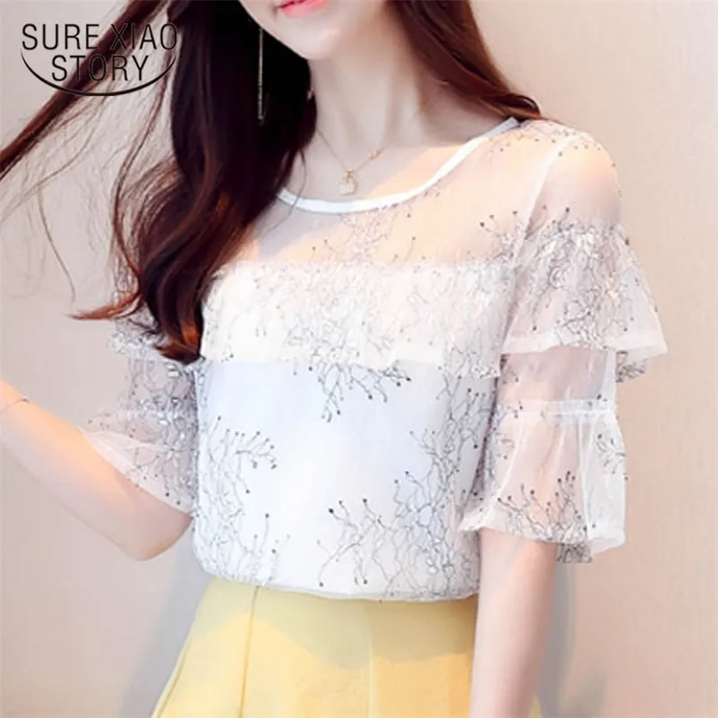 Summer Tops Chemisier Femme Solid Color Short Sleeve Women Elegant Korean Loose Fit Mesh Stitch Chiffon Blouse 9563 210508