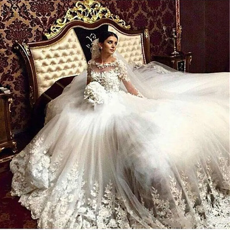 3d flores vestido de casamento mangas compridas apliques vestidos de noiva ilusão topo robe mariage capela trem vestido de noiva