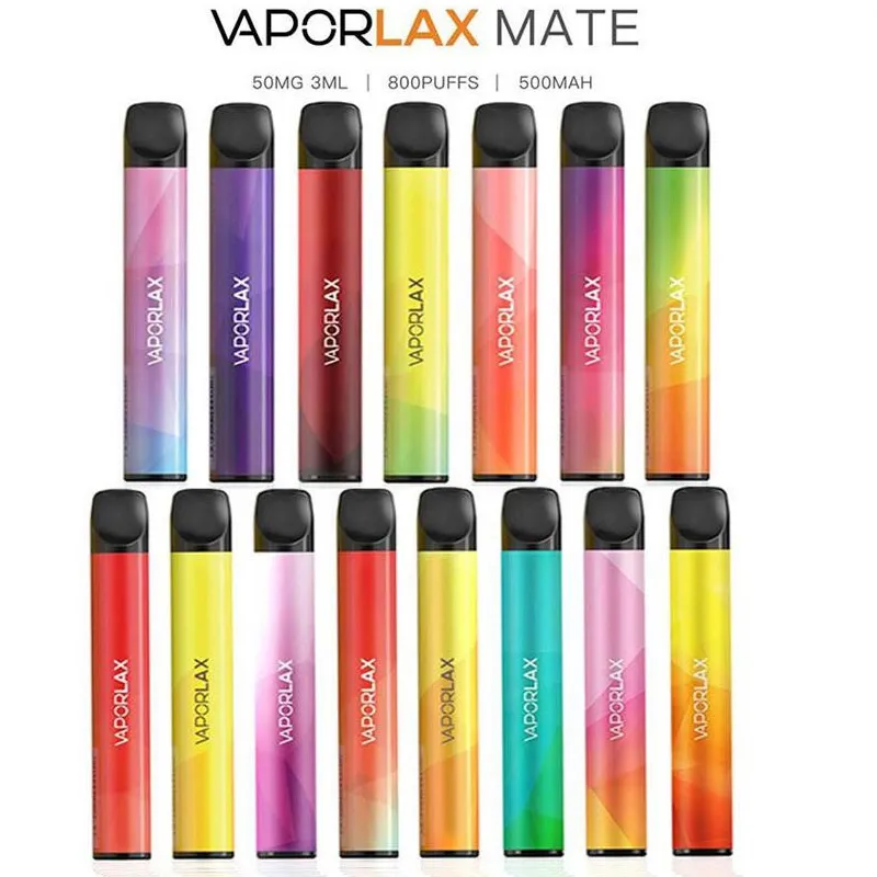 100% original vaporlax mate dispositivo desechable podod kit 500mAh batería 3ml cartucho pre-lleno 800 soplo vape vape pluma vacío 18 colores genuino