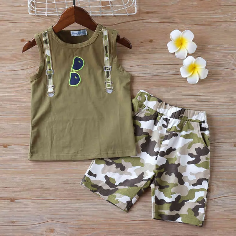 Summer Boys Clothes Sets Cotton Pattern Sleeveless T-shirt+Camouflage Shorts 2 Suits Fashion Boy ClothesFor Kids Clthes 210515
