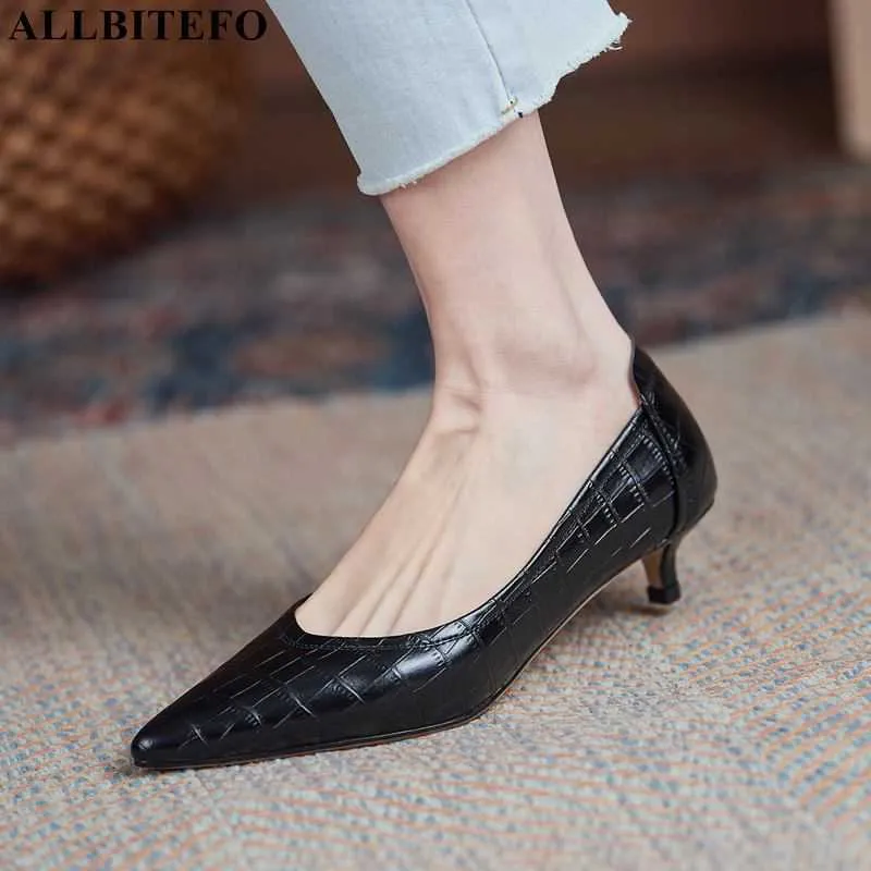 Allbetefo Size 33-43尖ったつま先本物の本物のレザー女性ヒール靴スティレットファッション快適なハイヒールのシューズハイヒール210611