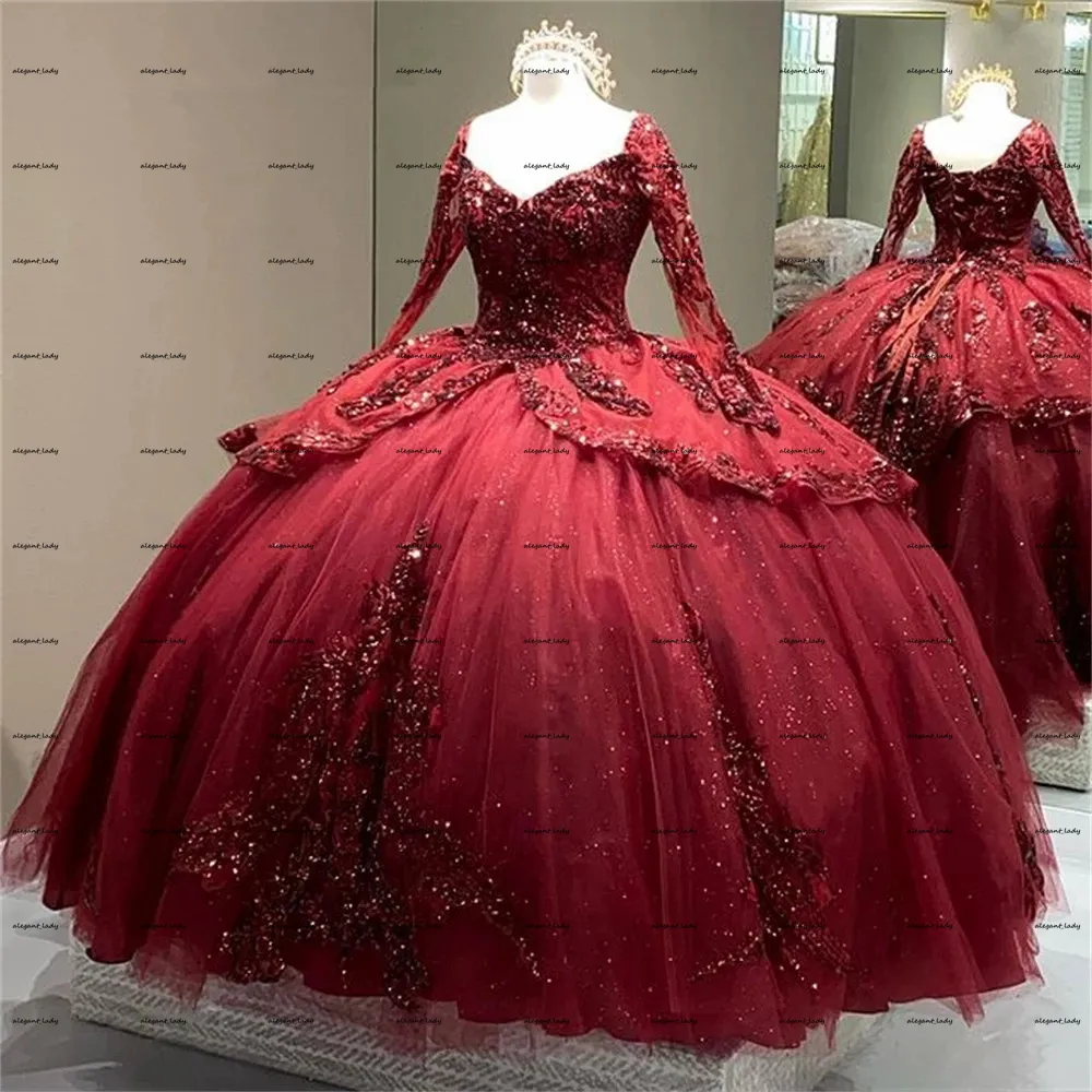 Burgundy Sparkly Quinceaneraドレス2022長袖レースアップコルセット花スパンコール王女甘い15プロムボールガウンvestidos