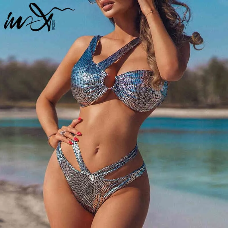 In-X Sexy Golden Bikinis 2020 Mujer Shiny Swimsuit Samica Snake Bikini Zestaw Nieregularnych Stroje Kąpielowe Kobiety Kąpiel Kostium Kostium kąpielowy X0522