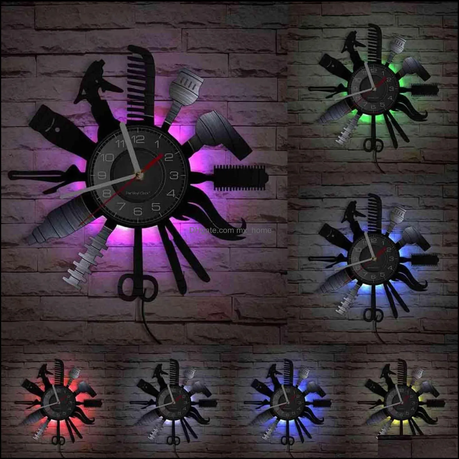 Wall Clocks Hairdressing Tools Color Changing Light Clock Hair Salon Barber Shop Decor Contemporary Watch Gift For Hairdressers 1122