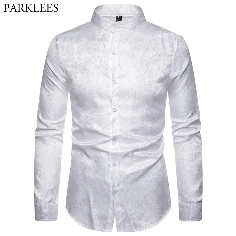 Mens Casual Luxury Print Dress Shirts Märke Mandarin Collar Paisley Jacquard Slim Shirt Party Wedding Club Social Shirt Vit 210522