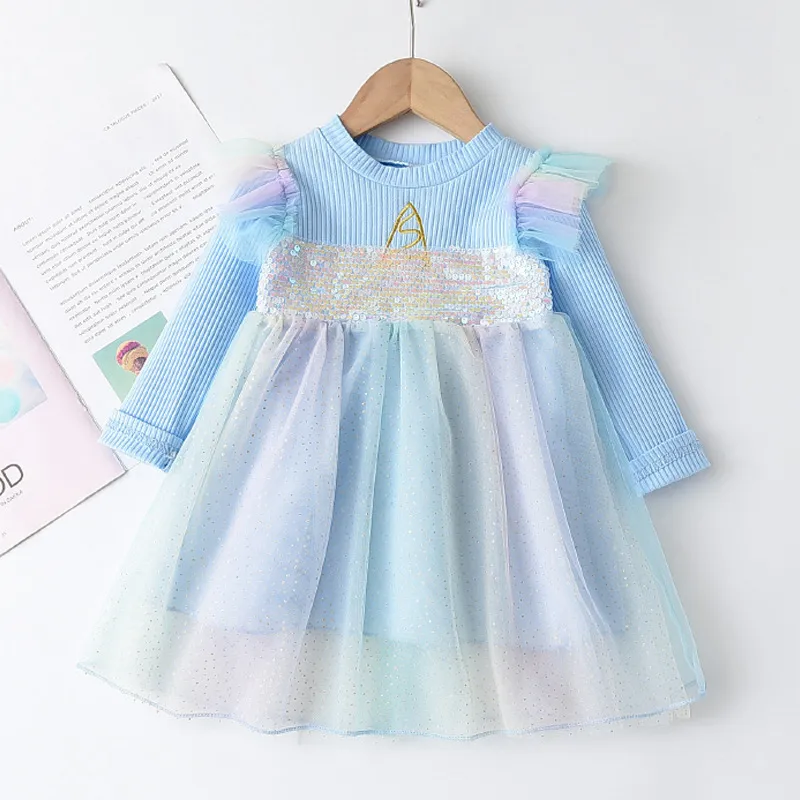 Girls Princess Dress Spring Long-sleeved Rainbow Mesh Stitching Birthday Party Children's 2-6Y 210515