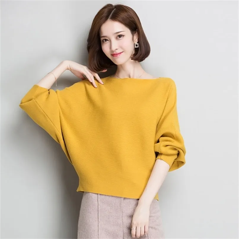 Batwing Sleeve Loose Autumn Women Pullover Sweater Yellow Knit Fashion Female Pull Arrival Striped Pullovers and Sweaters 210914