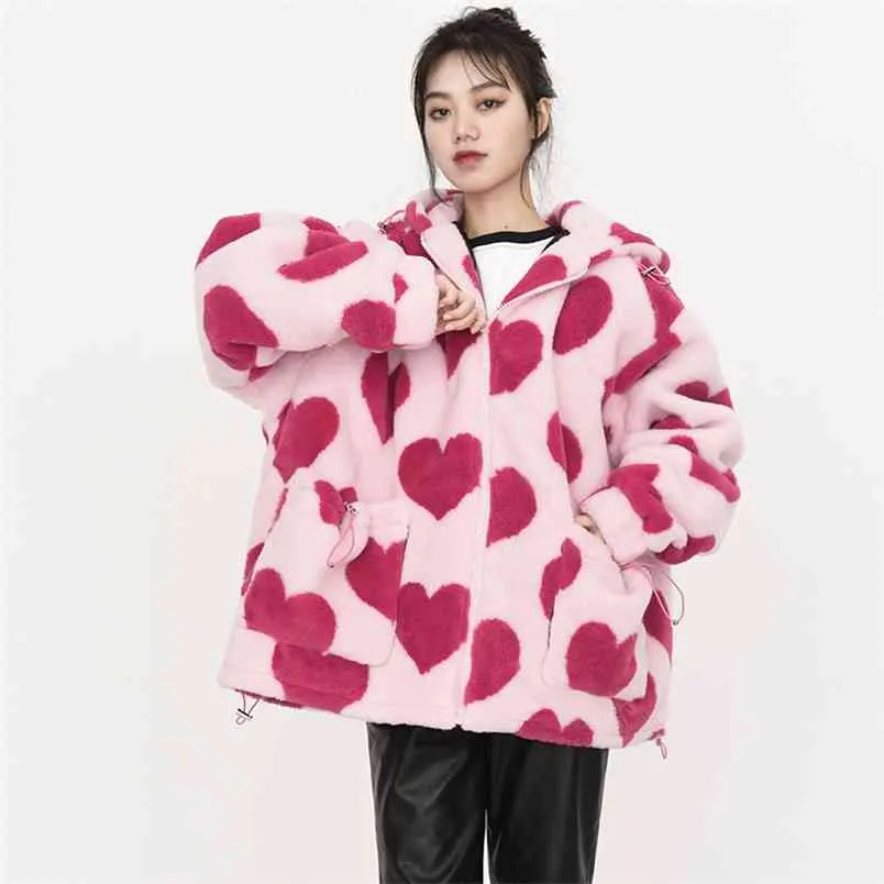 原宿ハートフルプリント豪華なジャケットの女性の冬の韓国の大きいサイズ長袖の厚い暖かいコート女性5A956 210427
