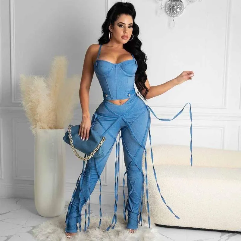 Wstążki Tassels Patchwork Moda Dżinsowe Spodnie Dla Kobiet Streetwear Wysoka Talia Ułożone Spodeczka Hip Hop Bodycon Lonh Dżinsy Damskie