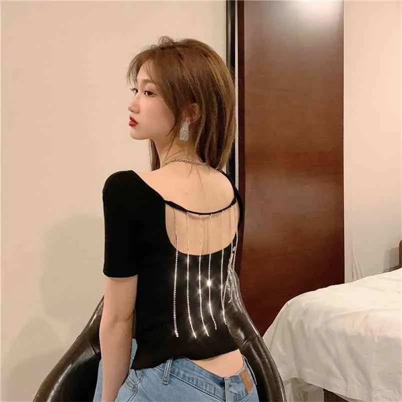 Women T-shirt Short-sleeved Solid Korean O-neck Hollow Back Metallic Tassel Sexy Shine T-shirts Woman Tees Female Tops LS368 210506