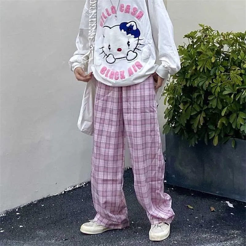 Japanische Harajuku Streetwear Plaid Gerade Hosen Frauen Vintage Weiche Mädchen Hip Hop Elastische Taille Jogger Hosen Koreanische Student Hose 220104