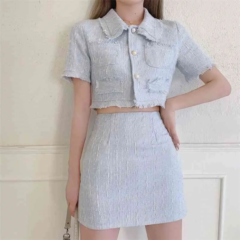 High Quality Female Elegant Skirt Suit Fashion Tweed Two Piece Set Women Crop Top Mini Skirt Set Two Piece Outfits 210730