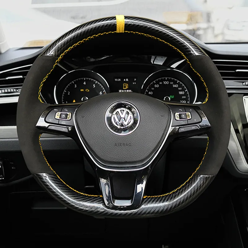 Nouvelle couverture cousue à la main de volant de fil jaune de fibre de carbone et de suède 5D pour Volkswagen Golf 7 Mk7 Passat B8