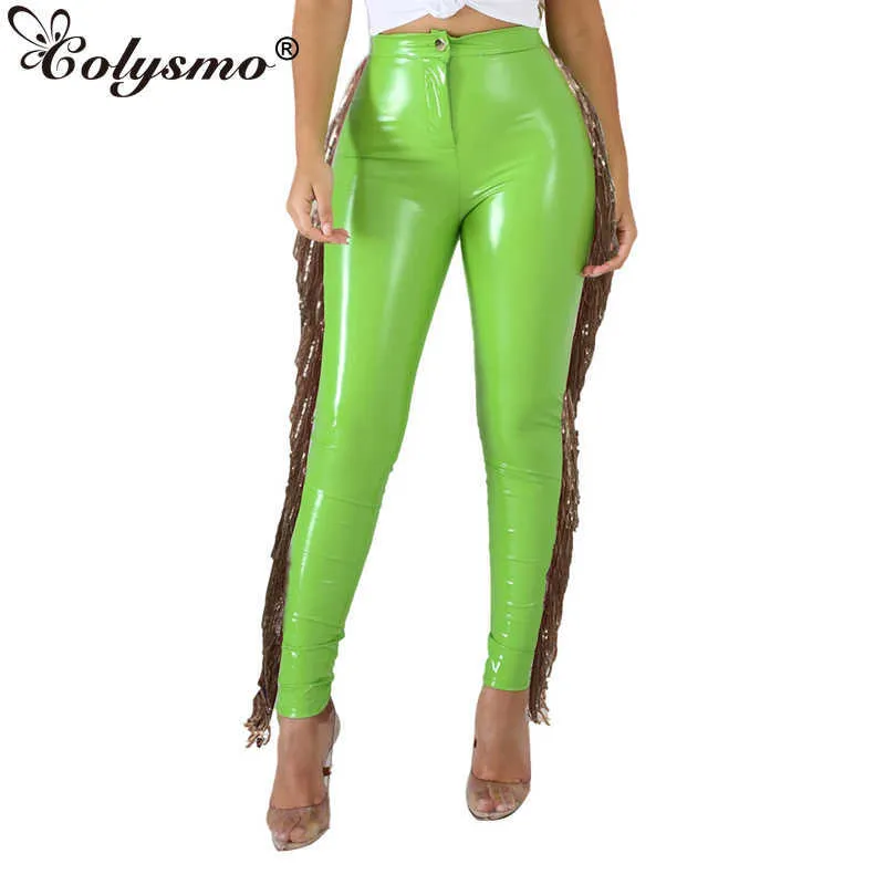 Colysmo PU Leather Pants Sequin Tassel Bodycon Pencil High Waist y2k Trousers Fashion Streetwear Women Party Club Outfits 210527