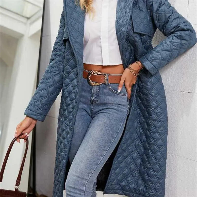 Vintage za lace up lapel puffer jacket women winter Office lady rhombus pattern straight parka Fashion long quilted coat 211130