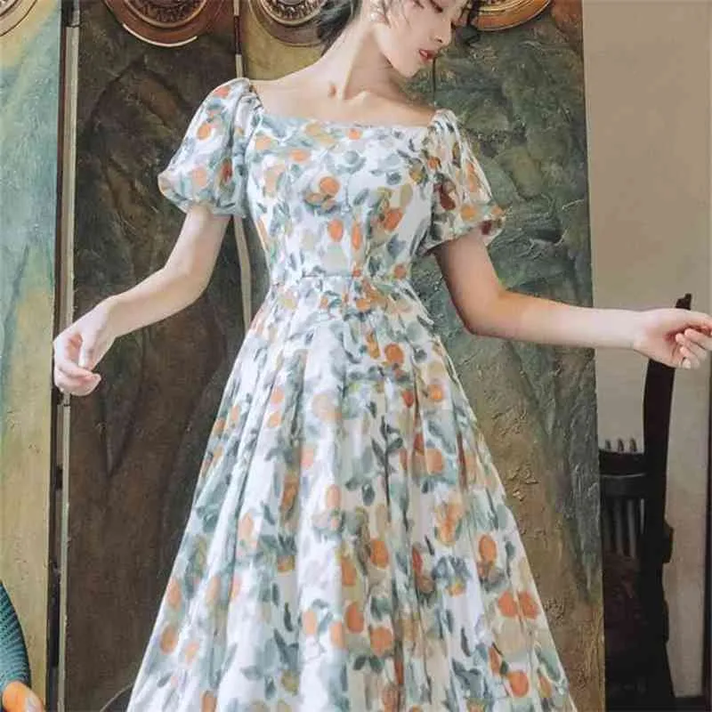 Kadın Şifon Baskı Elbise Vintage Yaz Fener Kısa Kollu Tunik Midi Fit ve Flare Kare Yaka Vestidos De Fiesta 210603