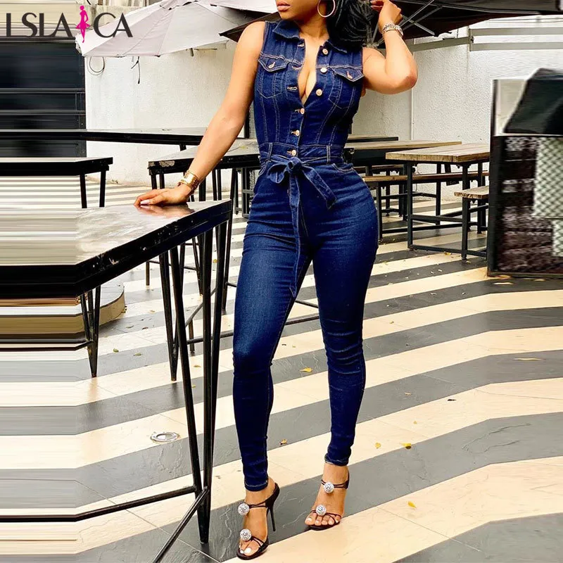 Women Jumpsuit Jeans Fashion Sleeveless Denim Overalls Sexy Belt Turn Down Collar Rompers Girls Pocket Long Pants 210520