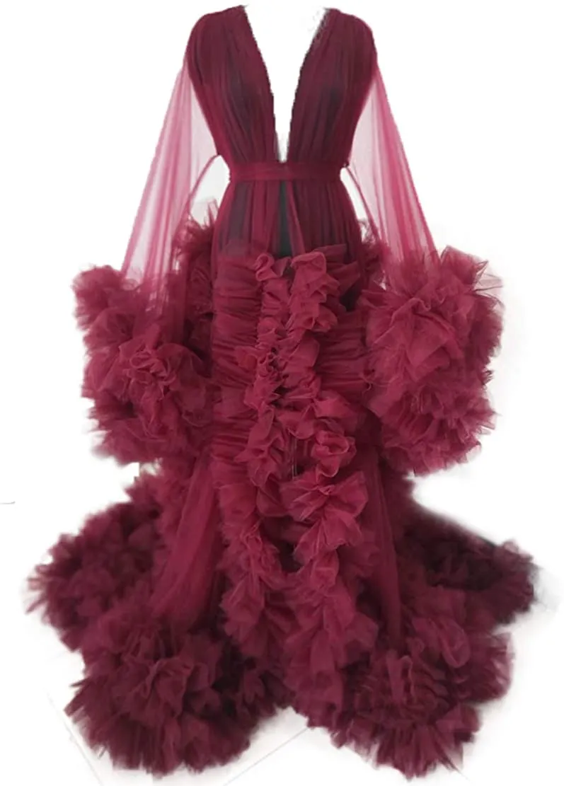 2021 Tulle Aftonklänningar Gravida Kvinnor Foto Robes Långärmade Ruffles Se Thru Custom Made A-Line Formell Event Party Dress Vestidos