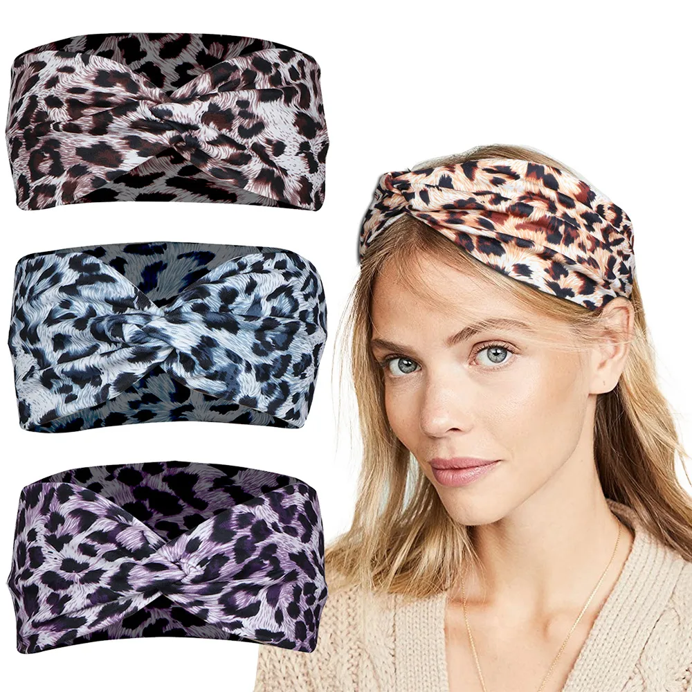 Tryck leopard cross slips pannband knut sport yoga stretch wrap hårband hoops mode för kvinnor will och sandy
