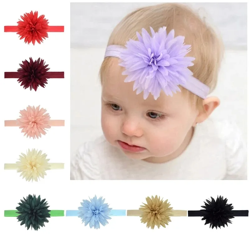 Bandeau élastique en mousseline de soie pour bébé, couleur unie, chrysanthème fait à la main, accessoires pour enfants, cadeaux d'anniversaire