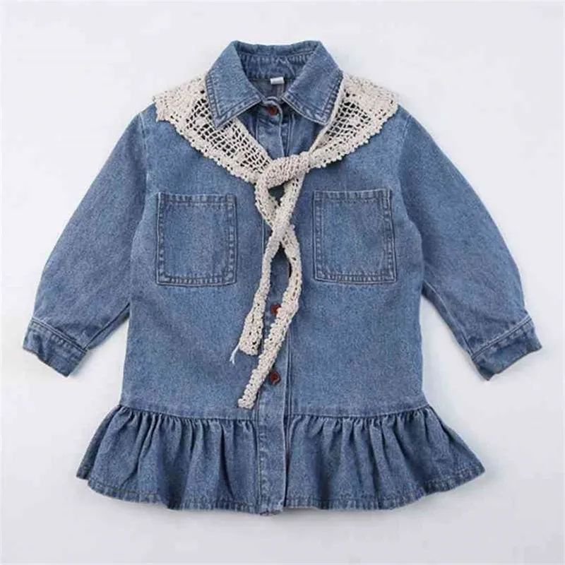 Ragazze Denim Dress Autunno Kids Scialle di pizzo coreano Princess European American Baby per 1-6 anni 210625