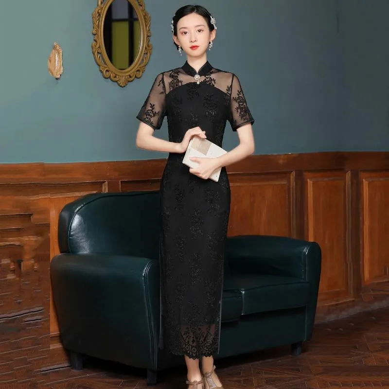 Ethnic Clothing Sexy Black Lace Formal Party Dress Gown Lady Mandarin Collar Chinese Style Cheongsam Flower Vintage Button Qipao Sheath Vest