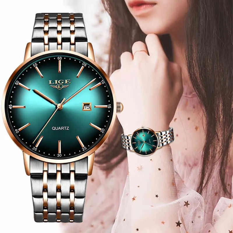 LIGE Luxury Ladies Watch Women Waterproof Rose Gold Steel Strap Women Wristwatch Top Brand Bracelet Clocks Relogio Feminino 210517