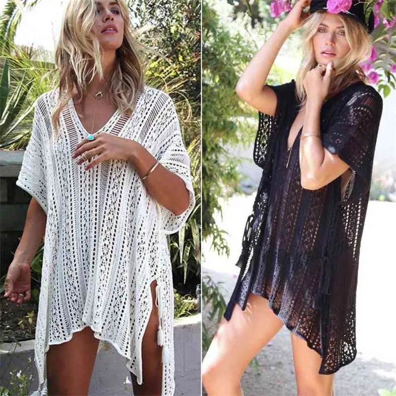 Arrivées Sexy Beach Cover up Blanc Crochet Robe de Plage Pareos pour femmes Maillot de bain Saida Praia Beachwear Coverups 210722