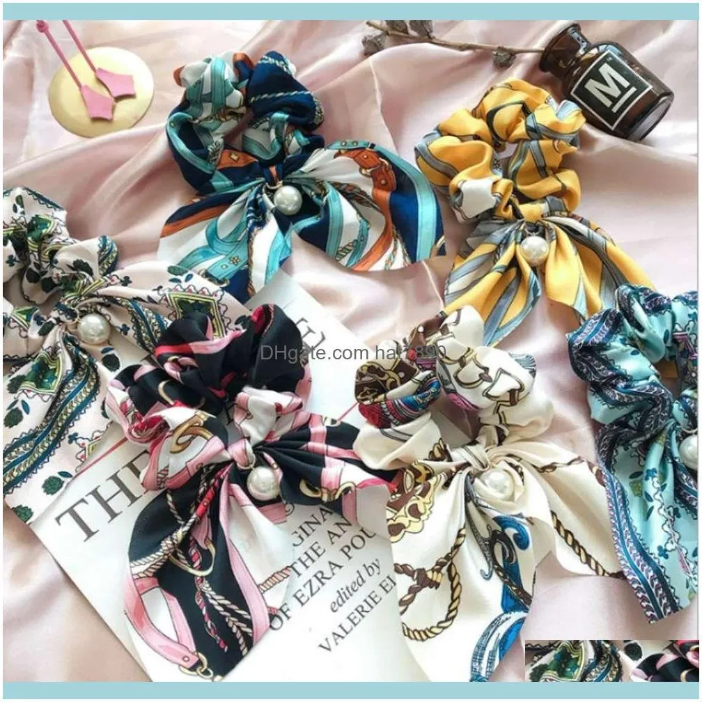 Women Elegant Vintage Print Bow Knot Pearls Elastic Hair Bands Sweet Headband Rubber Band Scrunchie Fashion Accessories
