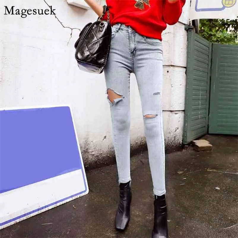 Mode vintage skinny blå bomull koreanska slim coola denim byxor hål rippade jeans höst hög midja kvinna 10416 210518