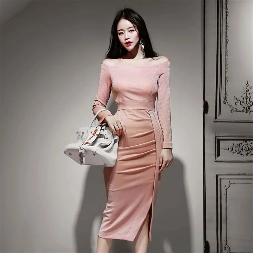 Qiu Dong Han Edition instala uma palavra trouxe bling sexy cultivar o vestido de uma moralidade feminina oblíqua pacote de divisão quadril skir 210602