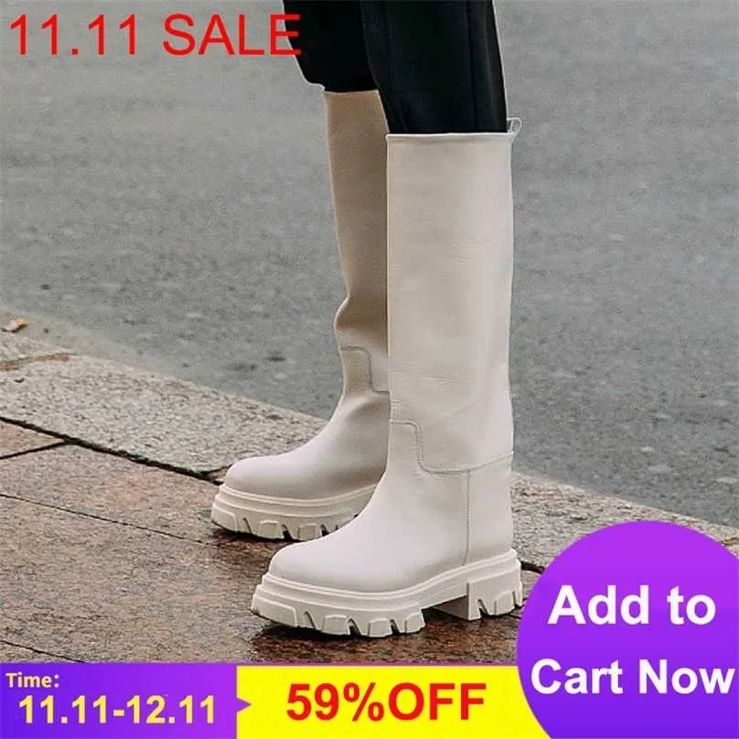 Meotina INS Genuine Leather Boot Knee High Design Platform Riding Thick Heel Ladies Autumn Winter White 211105