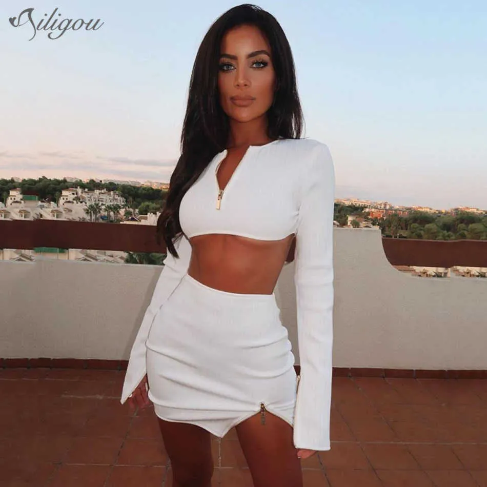 Fashion White V-Neck Zipper Short Top + Mini Skirt Female Two-Piece Sexy Tight Ladies Party Club Outfit Set 210527