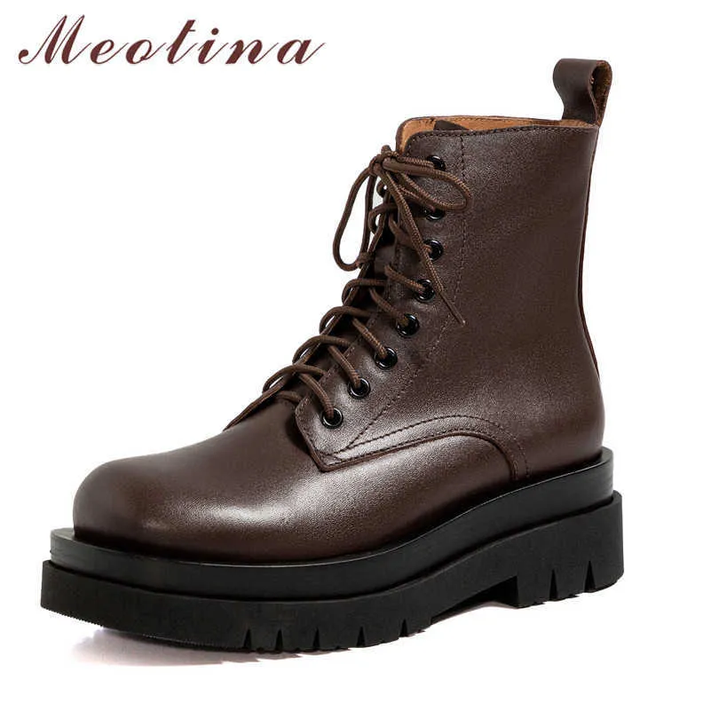 Meotina Motorcycle Boots Women Shoes Real Leather Platform Block Heels Short Boots Cross Tied High Heel Ankle Boots Black Brown 210608