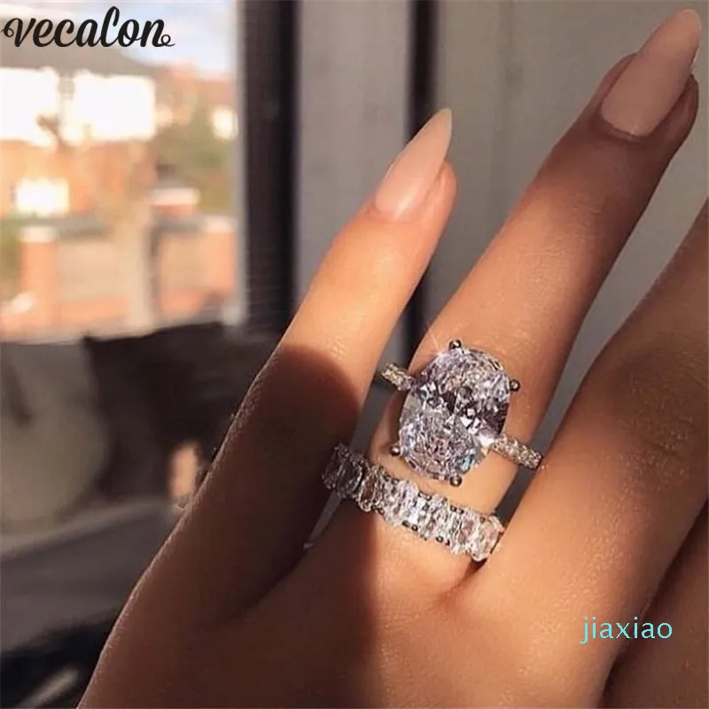 Vecalon Classic 925 Sterling Silver Ring Set Oval Cut 3CT Diamond CZ Zaręczynowy Zespół Ślubny Pierścienie Dla Kobiet Bridal Bijoux