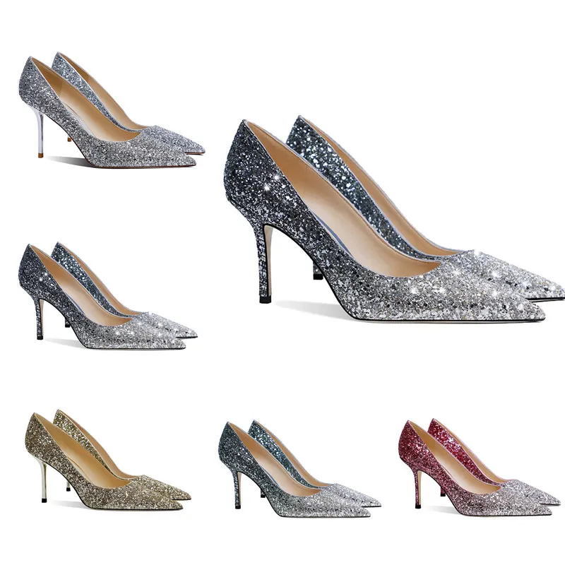 2021 femmes pompes cristal dégradé paillettes été dame chaussures en cuir véritable talons hauts fête bal chaussure de mariage