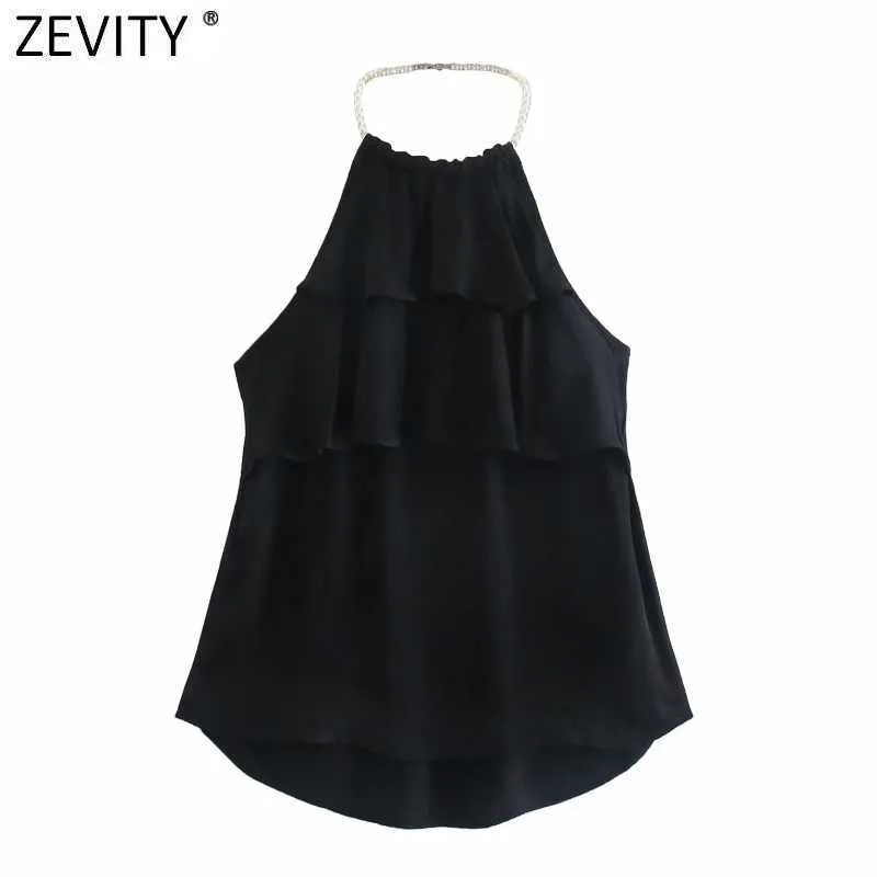 Zevity Women Sexy Pearl Beading Cascading Ruffle Black Blus Kvinna Ärmlös Halter Skjorta Chic Sommar Blusas Toppar LS9389 210603