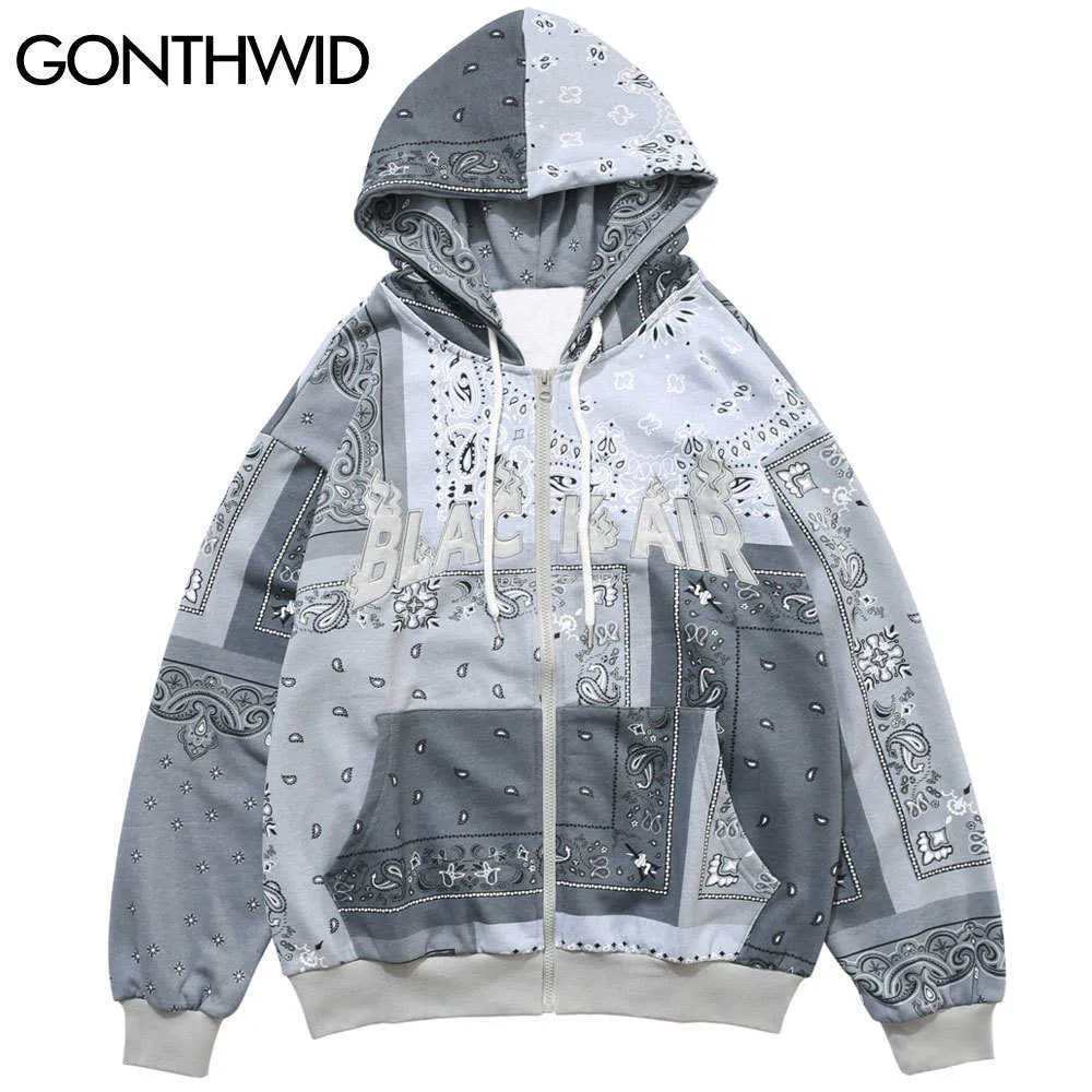 Gonthwid Geborduurde Bandana Patchwork Full Zip Hooded Sweatshirts Jassen Harajuku Hip Hop Casual Hoodies Jassen Tops Mens T200914