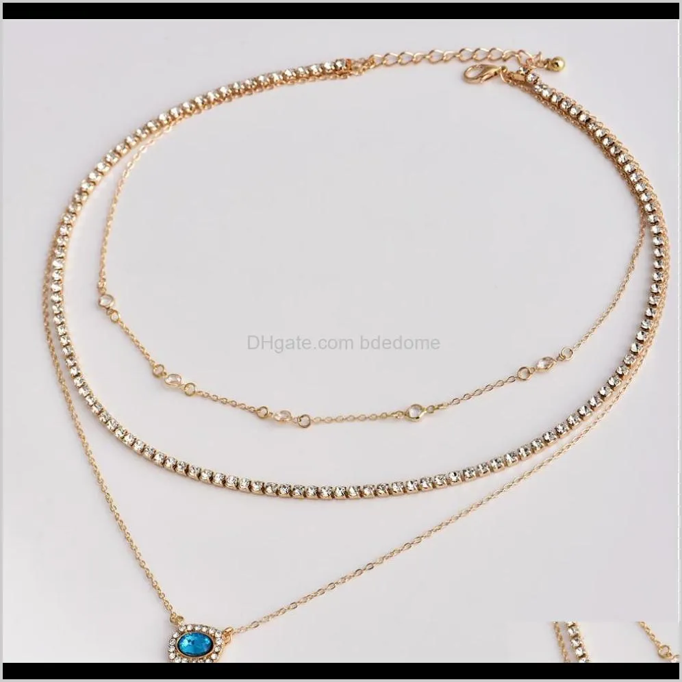 fashion necklace three layers blue crystal eye shape pendant with imitation diamond setting metal chain gold plated