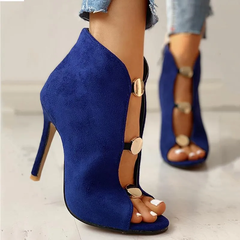 Women Sandals 10Cm High Heels Woman Female Metal Buttoned Peep Toe Thin High-Heeled Party Shoes For 2021