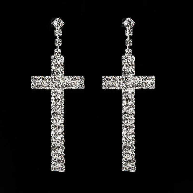 Bridal Rhinestone Dangle Earrings Crystal Cross Shape Long Earring For Women Wedding Jewelry Gifts