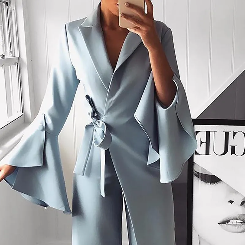 Irregular flared sleeve knot side wide leg jumpsuit 2025