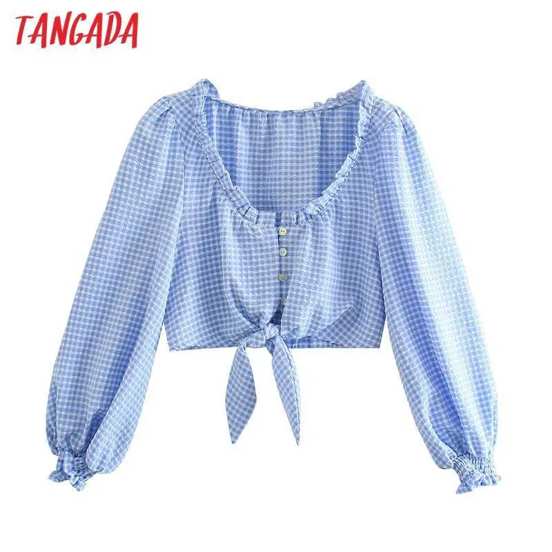 Tangada Women Retro Blue Plaid Ruffles Crop Shirt Bow Long Sleeve Chic Female Short Blouse Shirt Tops JE66 210609