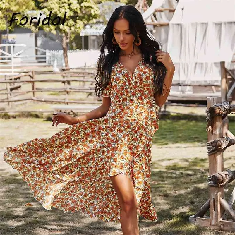 Floral Print Boho Summer Women's Dress Vintage Ruffle Wrap Maxi Long Orange Beach Australia Women Clothing 210427